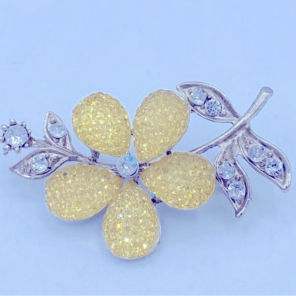 Vintage Sparkling Yellow Floral And Silver Tone Brooch With AB Rhinestones Glowy